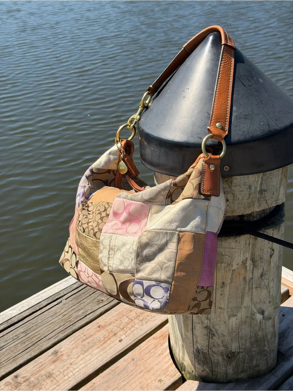 Coach Multicolor Patchwork Shoulder Bag in Pink, Tan, Cream, Brown, Purple
